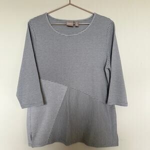 Chico's Womens Asymmetrical Top Large Gray Striped 3/4 Sleeve Patchwork Artsy